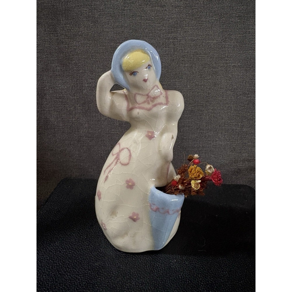 Vintage Weil Ware‎ of California Pottery Blonde Blue Bonnet, Blue Floral Basket